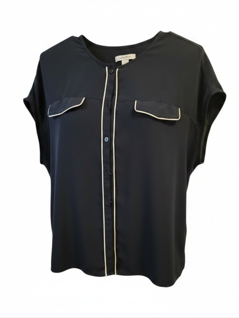 Nautica Blue  Button-Front Top with Cream Piping